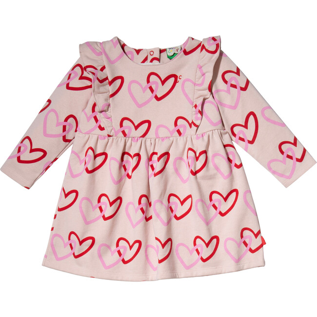 Hearts Print Ruffle High Waist Long Sleeve Skirt Dress, Pink