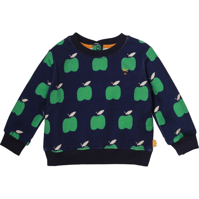 Green Apple Print Ribbed Neck Drop Shoulder Sweatshirt, Blue