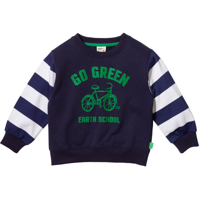 Go Green Print Ribbed Neck Drop Shoulder Sweatshirt, Blue