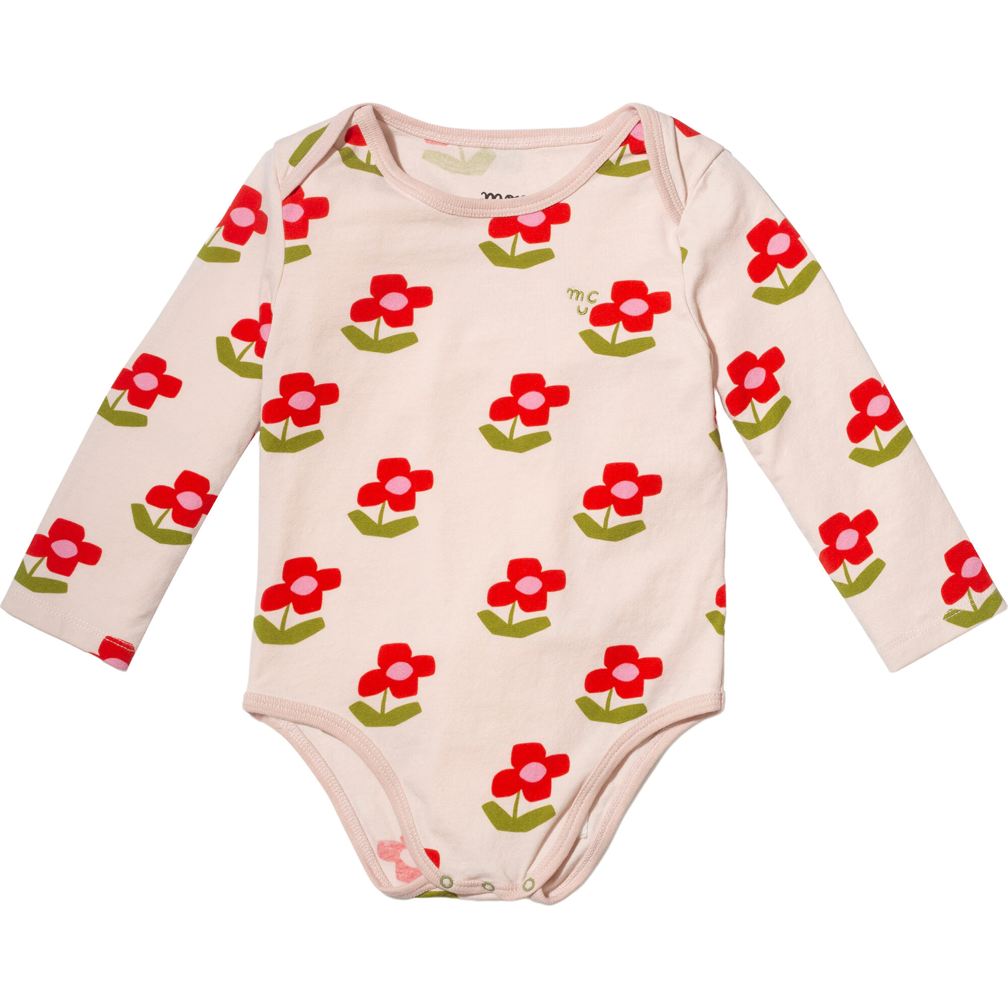Floral Print Ribbed Long Sleeve Snap Button Bodysuit, Pink - Onesies - 1
