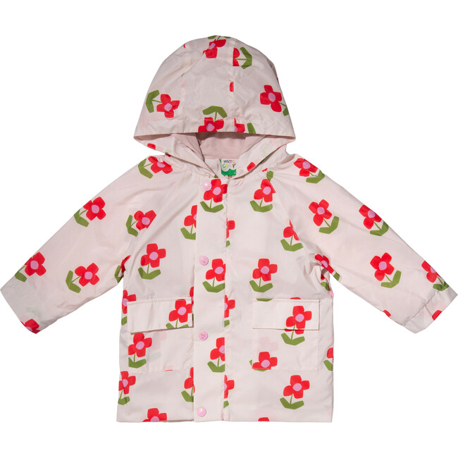 Flower Print Ribbed Cuff Hooded Zipper Raincoat, Pink