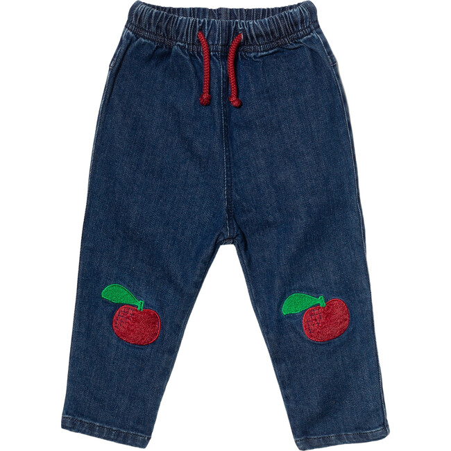 Baby Red Apple Knee Patch Elastic Waist Drawstring Jeans, Blue