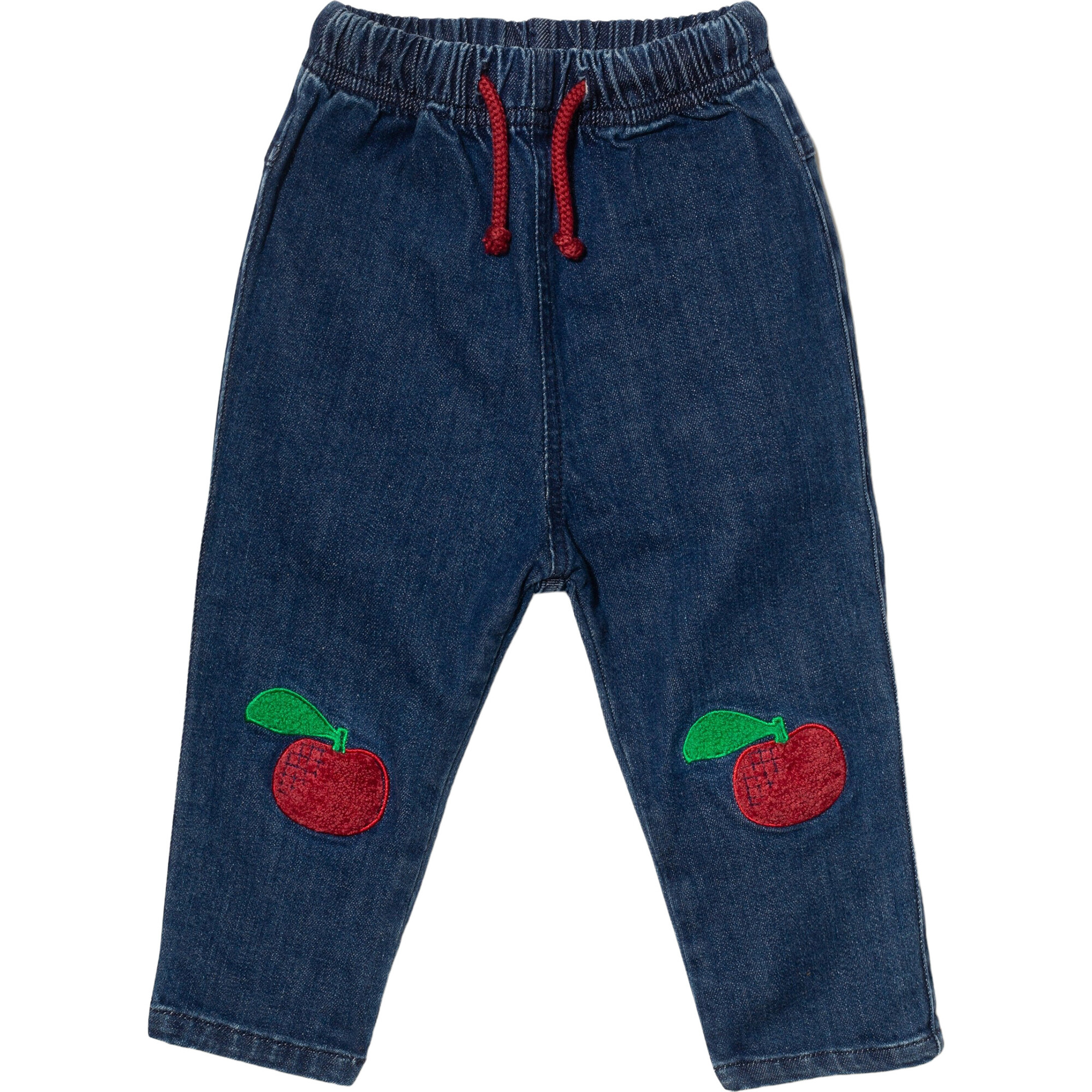 Baby Red Apple Knee Patch Elastic Waist Drawstring Jeans, Blue - Pants - 1
