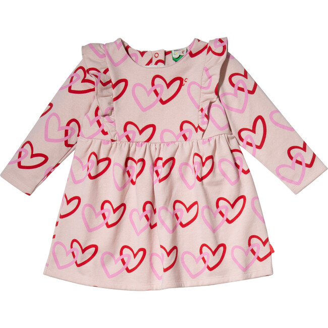 Baby Hearts Print Ruffle High Waist Long Sleeve Snap Dress, Pink