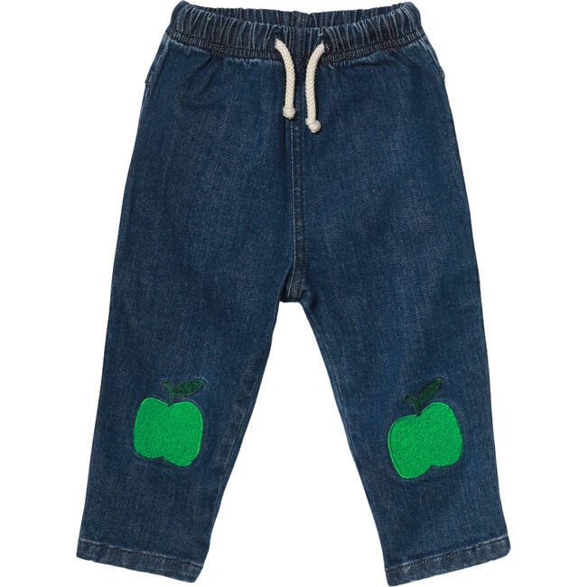 Baby Green Apple Knee Patch Elastic Waist Drawstring Jeans, Blue