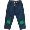 Baby Green Apple Knee Patch Elastic Waist Drawstring Jeans, Blue - Pants - 1 - thumbnail