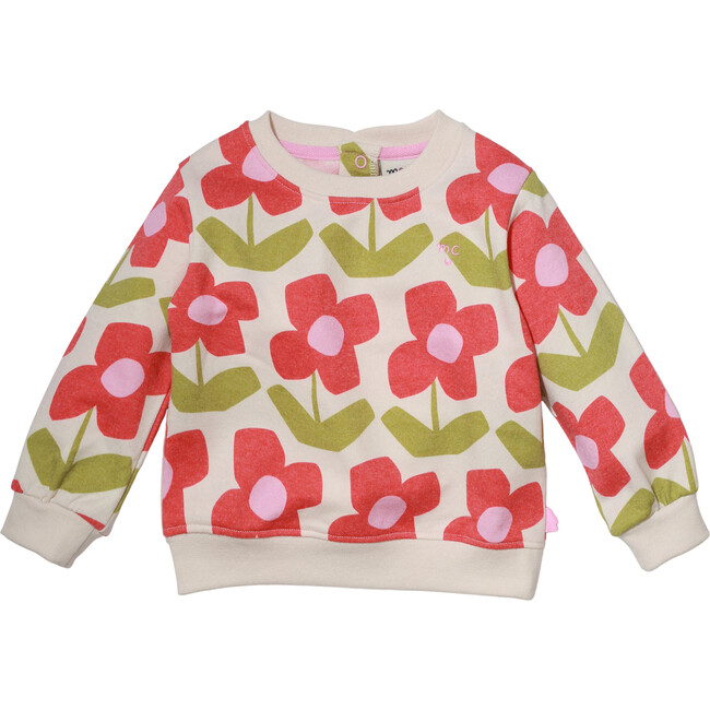 Baby Flower Print Ribbed Neck Drop Shoulder Snap Button Sweatshirt, Natural