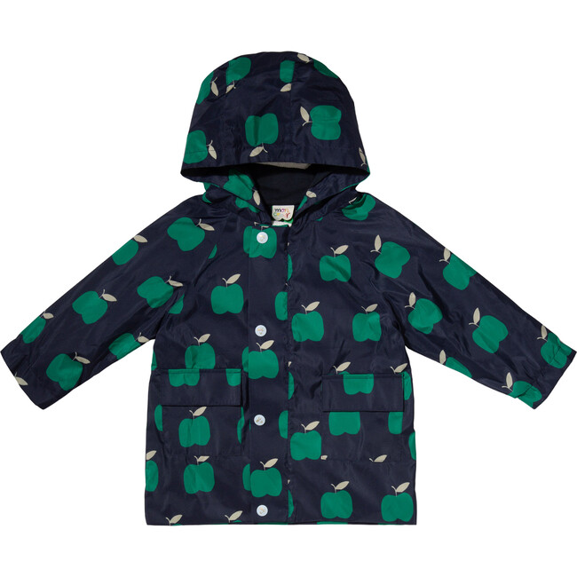 Baby Apple Print Ribbed Cuff Hooded Zipper Raincoat, Blue - Raincoats - 1