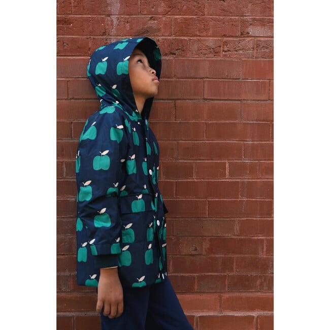 Baby Apple Print Ribbed Cuff Hooded Zipper Raincoat, Blue - Raincoats - 2