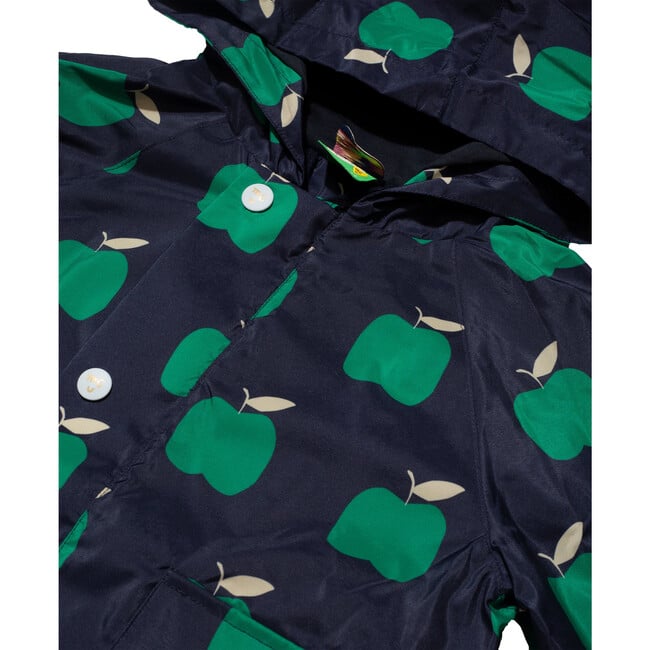 Baby Apple Print Ribbed Cuff Hooded Zipper Raincoat, Blue - Raincoats - 4