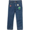 Apple Knee Patch Elastic Waist Drawstring Jeans, Blue - Pants - 1 - thumbnail