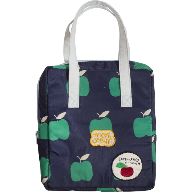 Insulated Apple Print Zipper Lunchbag, Blue