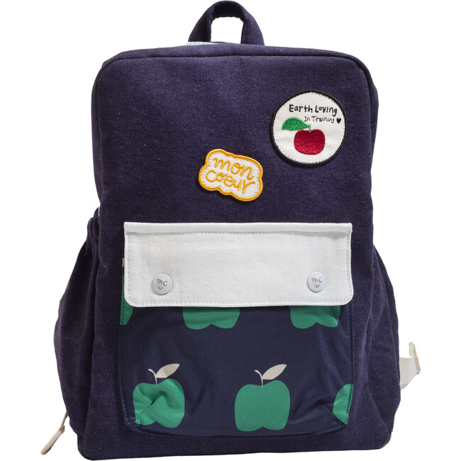 Apple Print Padded Adjustable Buckle Strap Zipper Backpack, Blue