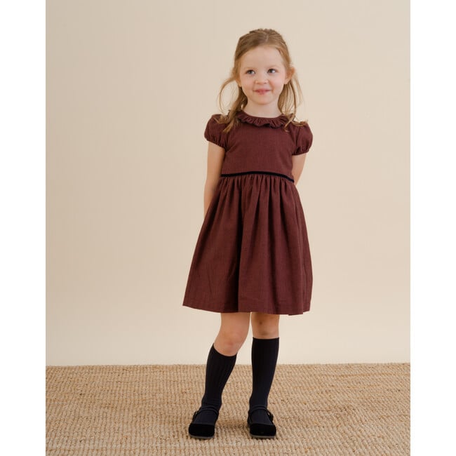 Raisin Scalloped Ruffle Collar Short Puff Sleeve Dress, Burgundy - Dresses - 2