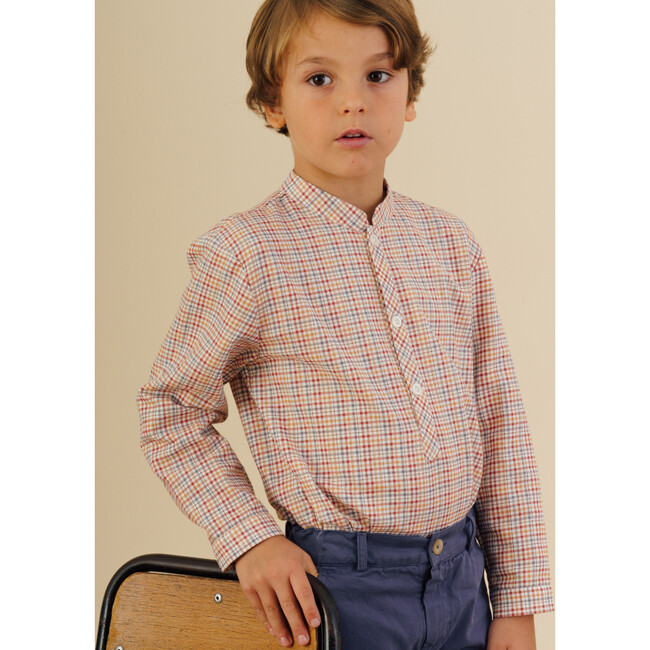 Pereprine Mini Checkered Mandarin Collar Long Sleeve Shirt, Red & Orange - Shirts - 2