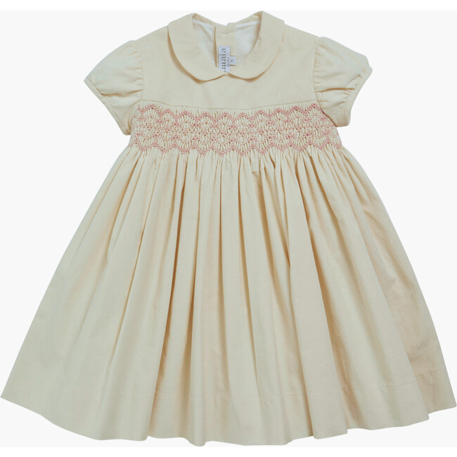 Melly Corduroy Peter Pan Collar Short Puff Sleeve Smocked Dress, Rice