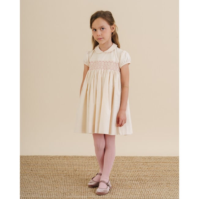 Melly Corduroy Peter Pan Collar Short Puff Sleeve Smocked Dress, Rice - Dresses - 2