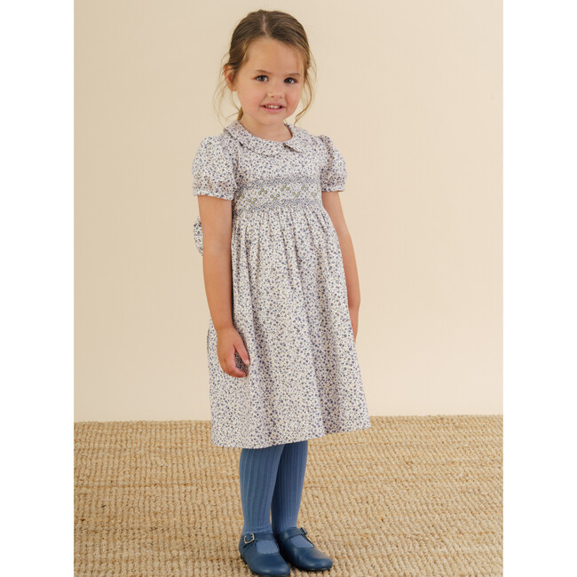 Jujube Floral Peter Pan Collar Short Puff Sleeve Smocked Dress, Navy & Yellow - Dresses - 2