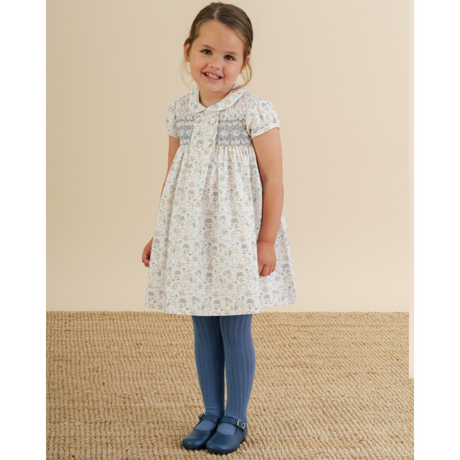 Shirley Floral Peter Pan Collar Short Puff Sleeve Smocked Dress, Blue - Dresses - 2