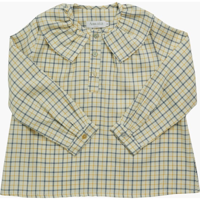 Champs-Elysees Checkered Ruffle Collar Long Sleeve Blouse, Blue & Yellow