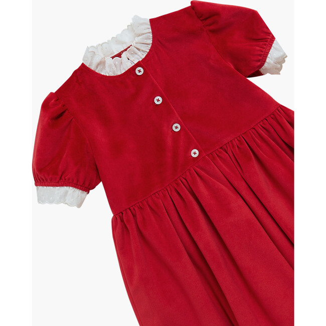 Carole Velvet Contrast Broderie Anglaise Trim Buttoned Dress, Bright Red - Dresses - 3