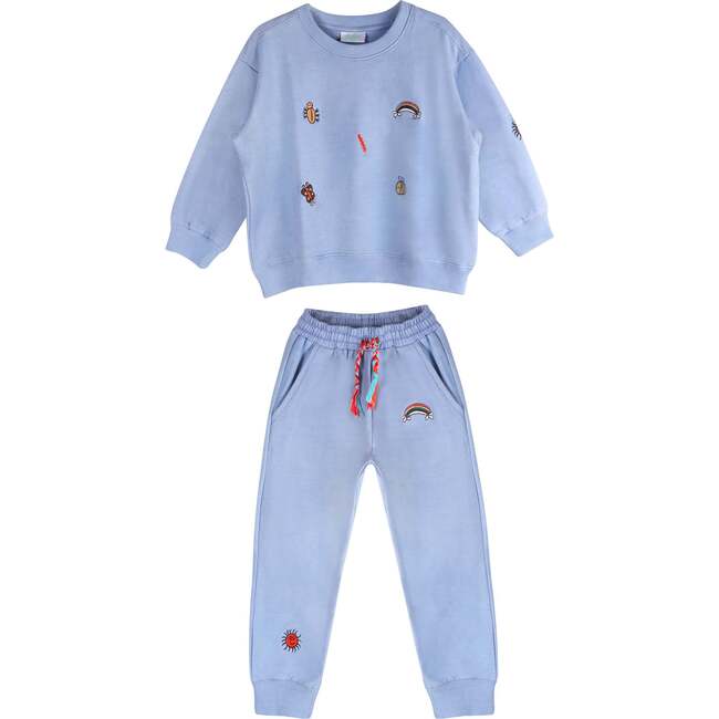 Fun Embroidered Sweatshirt & Drawstring Pants 2-Piece Set, Blue