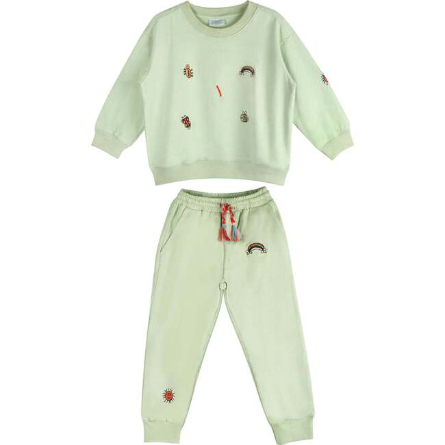 Fun Embroidered Sweatshirt & Drawstring Pants 2-Piece Set, Green