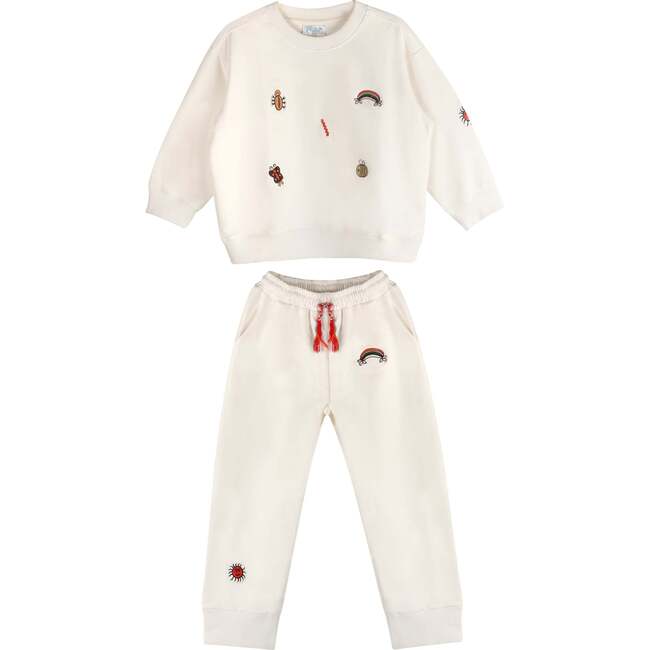 Fun Embroidered Sweatshirt & Drawstring Pants 2-Piece Set, White