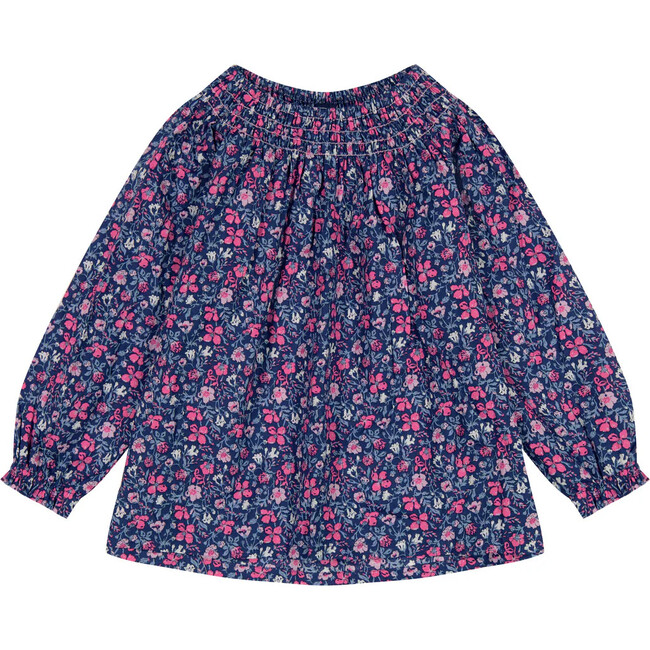 Georgina Floral Long Bubble Cuff Sleeve Smocked Top, Pink & Navy