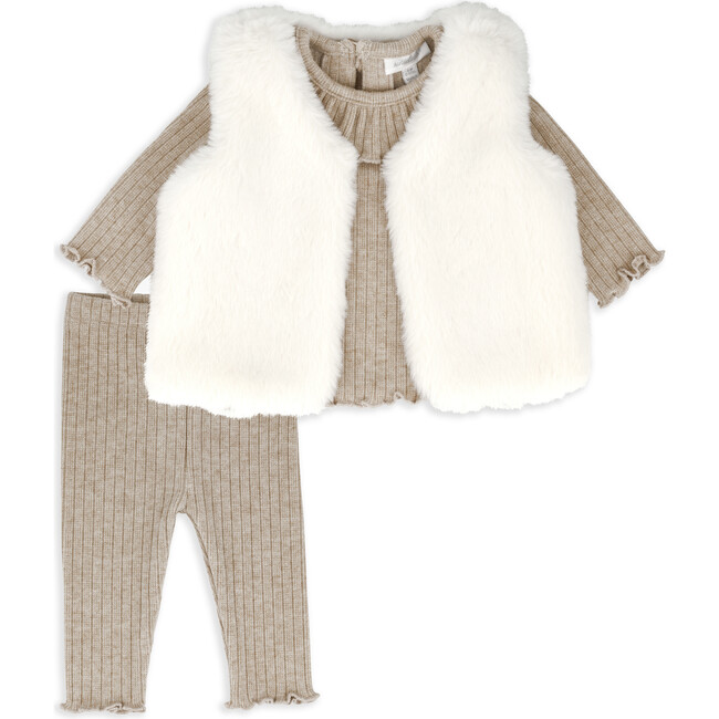 Faux Fur Vest, Top & Legging Set, Cream