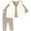 Faux Fur Vest, Top & Legging Set, Cream - Mixed Apparel Set - 1 - thumbnail