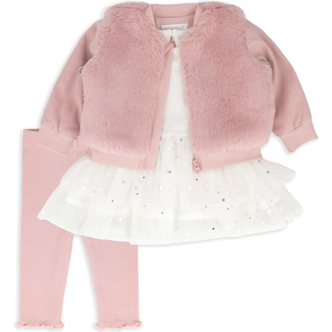 Faux Fur Jacket, Tutu Top & Legging Set, Pink