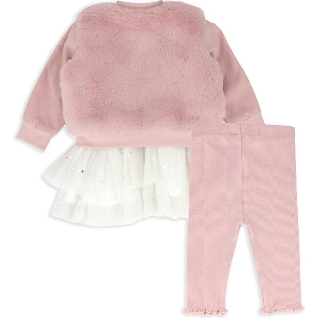 Faux Fur Jacket, Tutu Top & Legging Set, Pink - Mixed Apparel Set - 3