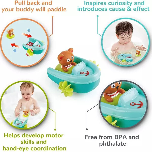 Hape: Tubing Pull-Back Boat - With Teddy Bear Figure Companion - Play Kits - 2