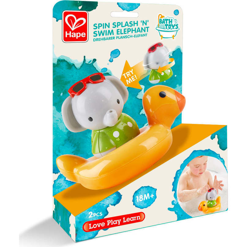 Hape: Spin Splash 'n' Swim Elephant - Bathtime Windup Spinning Toy - Play Kits - 1