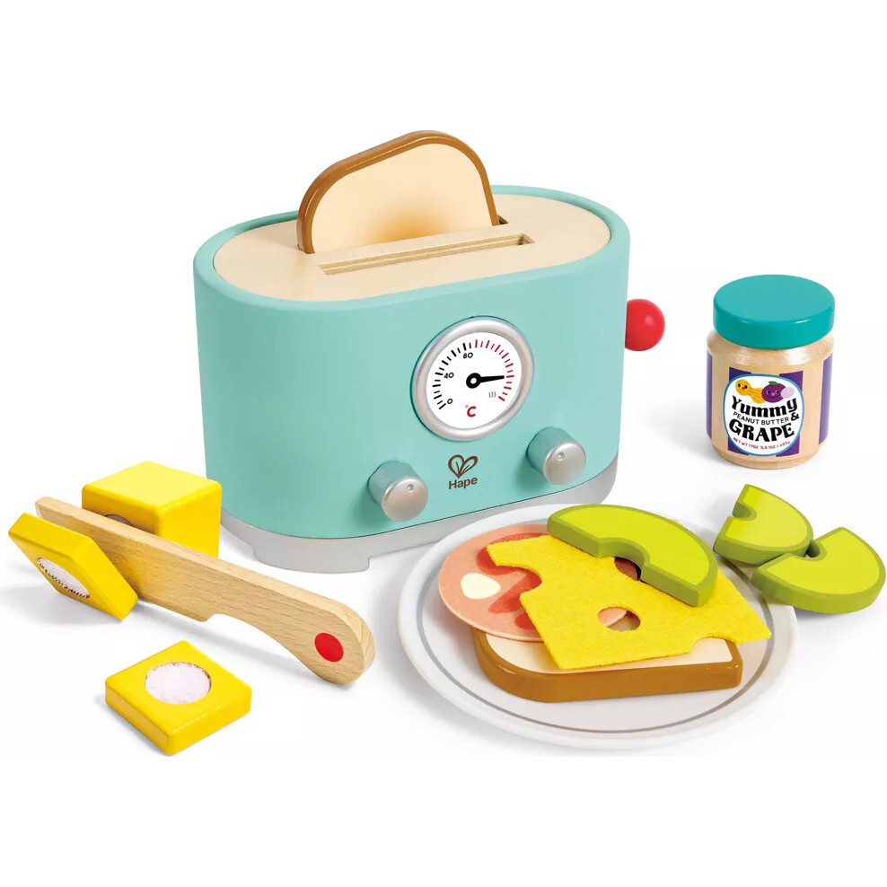 Hape: Ding & Pop-Up Toaster - 15pc Teal Wooden Food Playset - Play Kitchens - 1