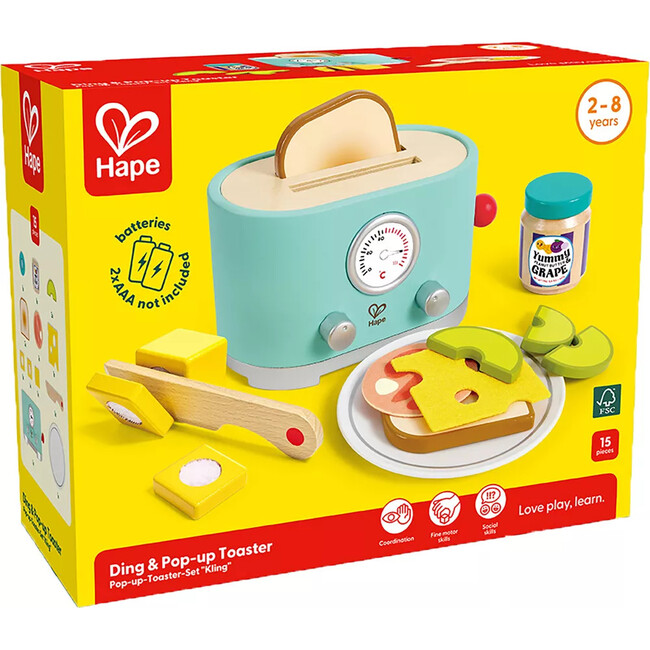 Hape: Ding & Pop-Up Toaster - 15pc Teal Wooden Food Playset - Play Kitchens - 2