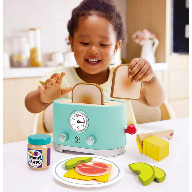 Hape: Ding & Pop-Up Toaster - 15pc Teal Wooden Food Playset - Play Kitchens - 3