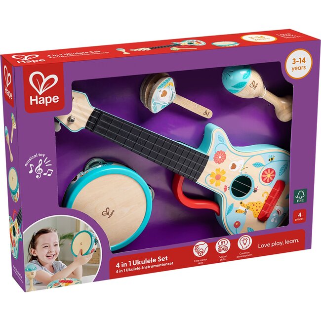 Hape: 4-In-1 Ukulele Set - 4pc Wooden Instrument Playset - Musical - 2