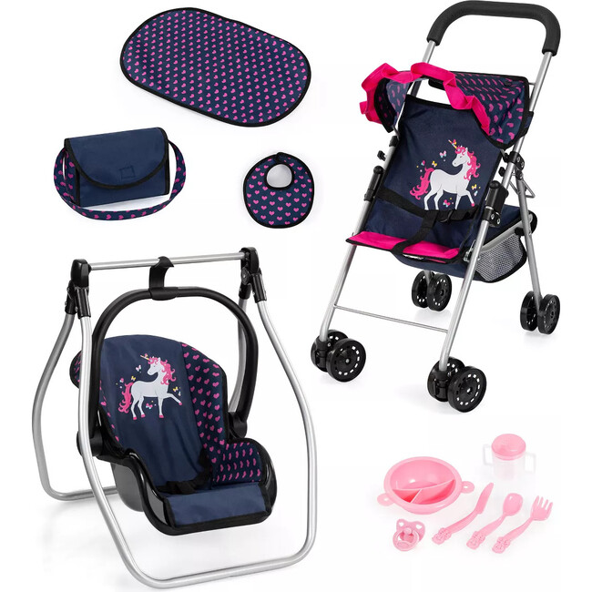 Bayer Design Dolls: 11 Piece Stroller Set - Navy, Pink, Hearts, Unicorn