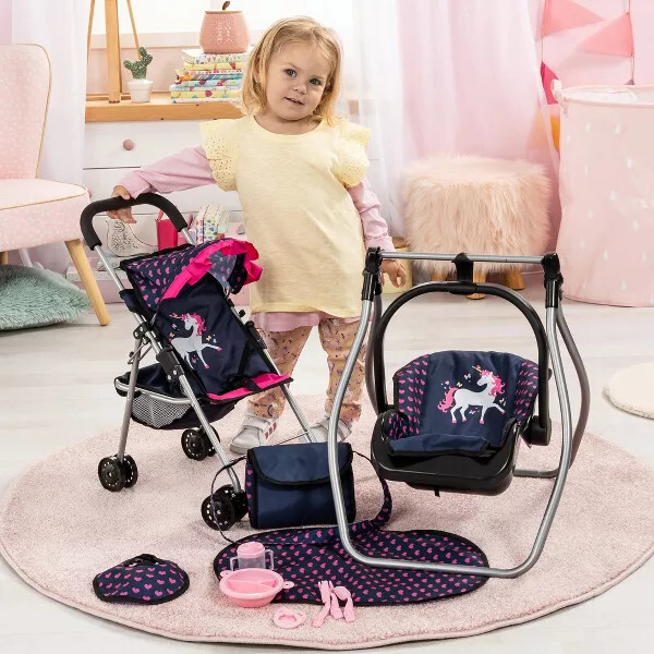 Bayer Design Dolls: 11 Piece Stroller Set - Navy, Pink, Hearts, Unicorn - Doll Accessories - 2