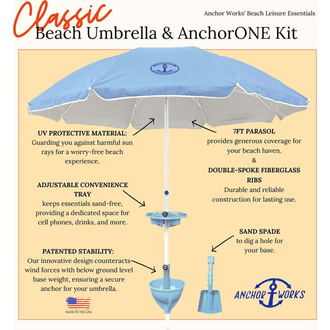 Anchor Works: Classic Beach Umbrella & AnchorONE Kit – Sky Blue - Umbrellas - 3