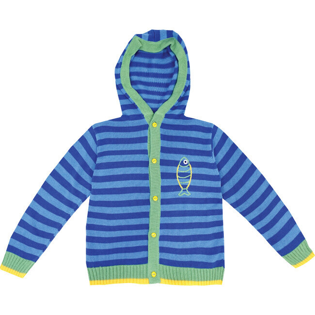 Embroidered Cardigan Sweater with Hoodie "Catch of the Day" Blue & Green