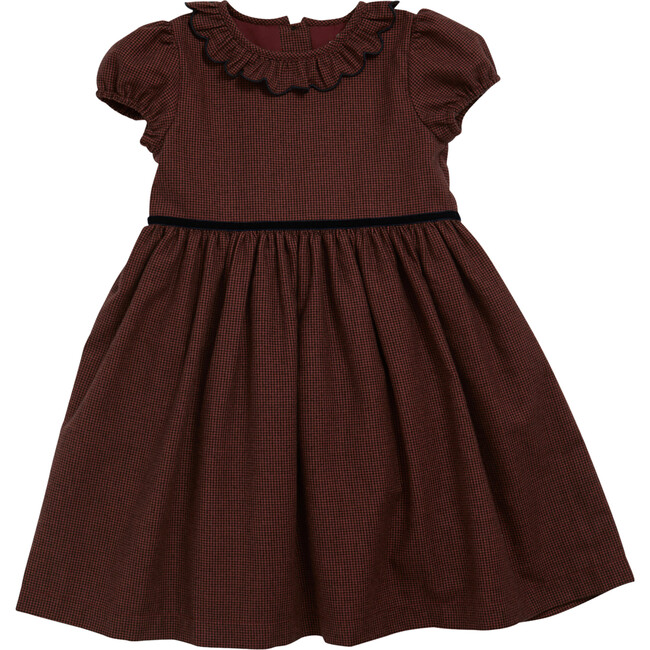 Raisin Scalloped Ruffle Collar Short Puff Sleeve Dress, Burgundy