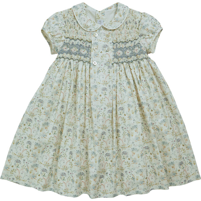 Shirley Floral Peter Pan Collar Short Puff Sleeve Smocked Dress, Blue