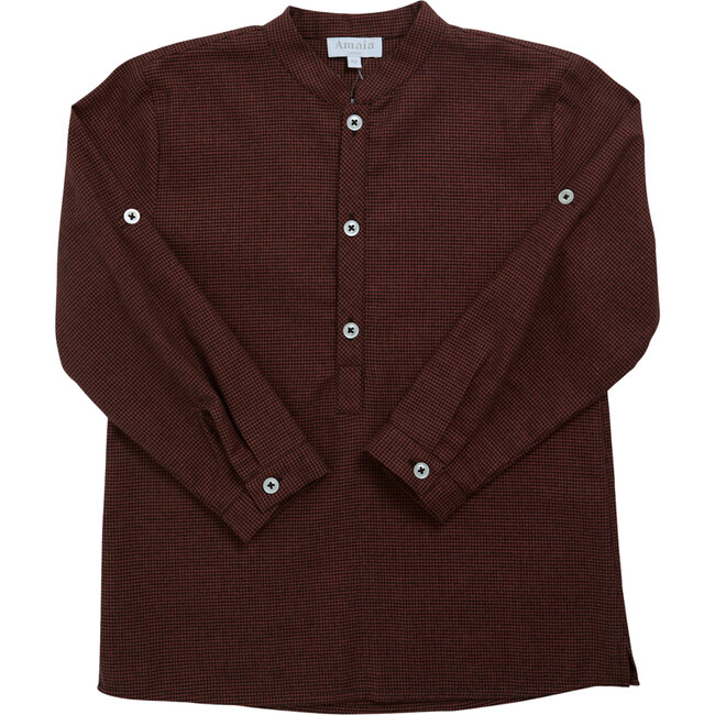 Pereprine Mini Checkered Mandarin Collar Long Sleeve Shirt, Burgundy