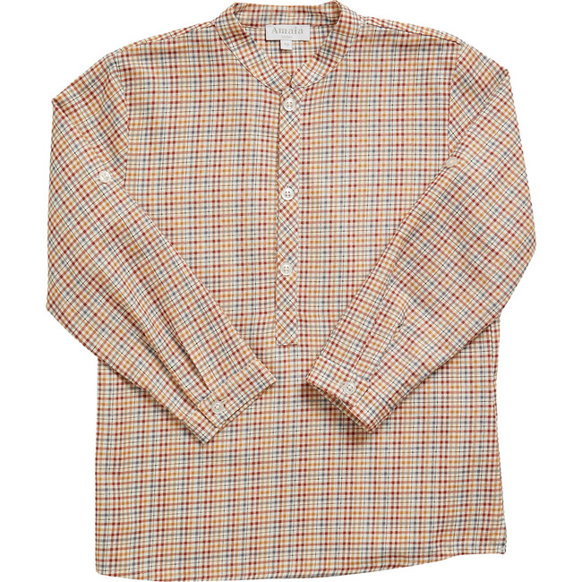 Pereprine Mini Checkered Mandarin Collar Long Sleeve Shirt, Red & Orange