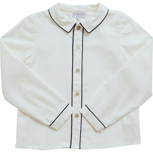 Daniel Contrast Piped Trim Long Sleeve Shirt, White & Navy