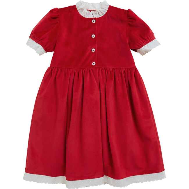 Carole Velvet Contrast Broderie Anglaise Trim Buttoned Dress, Bright Red