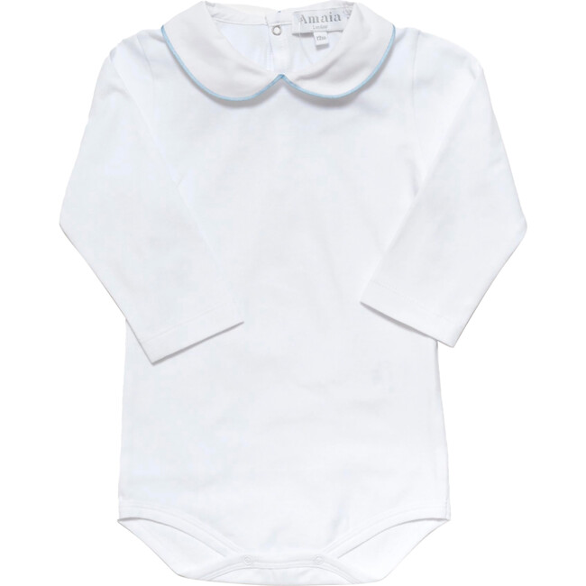 Baby Mayfair Contrast Piped Peter Pan Collar Bodysuit, White & Light Blue